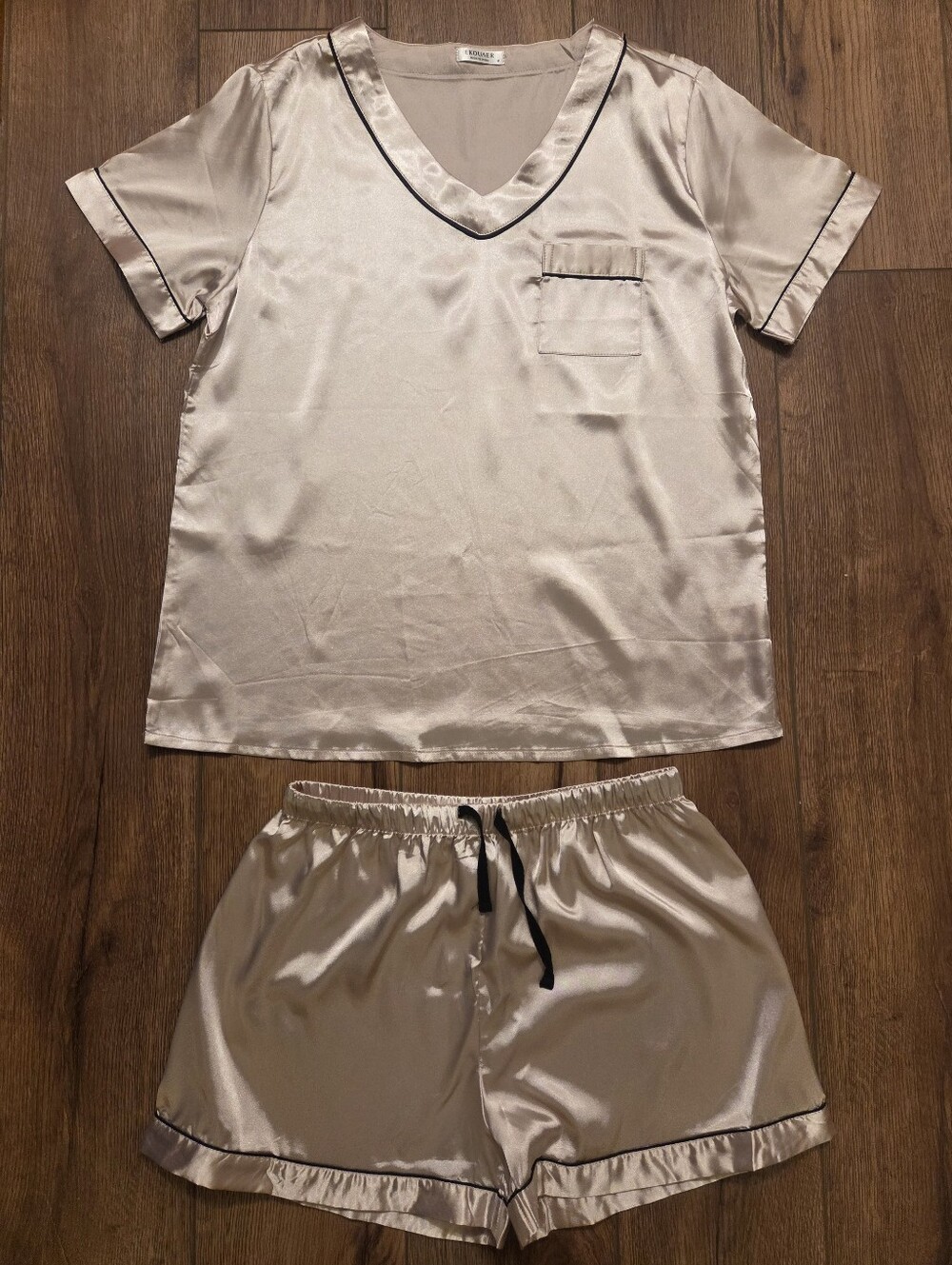 Women's Satin V-Neck Short Pajama Set - Champagne with Black Trim NWOT